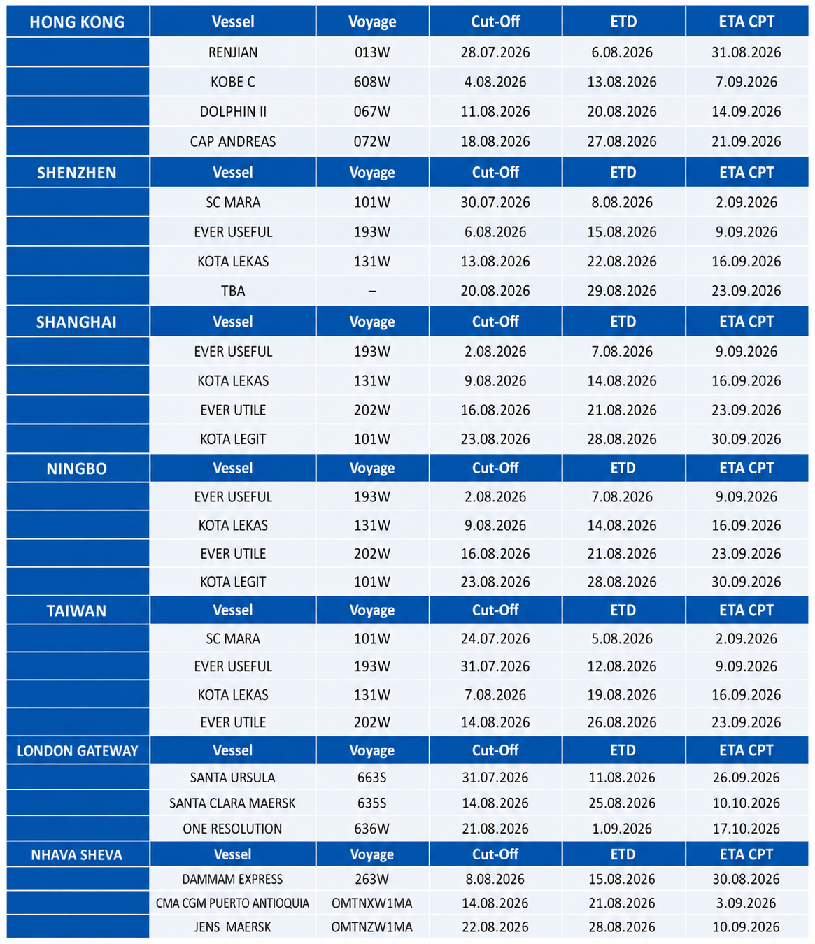 Sailing schedule WGS Cape Aug 2026